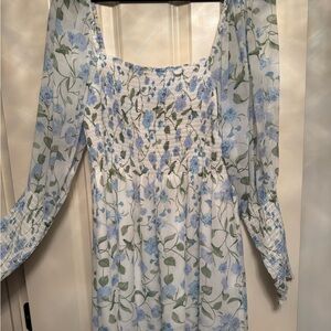 Hill House Blue and White Smocked Sundress with Bishop Sleeves